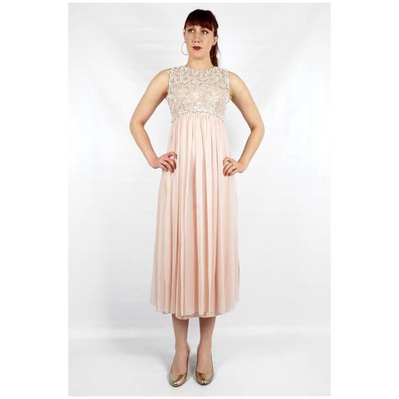 Vintage 60s Pink Silk Chiffon Maxi Dress Beaded Bodice Estelle Allardale | S/M - Picture 2 of 10